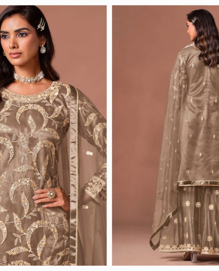 BROWN - Brown Net Palazzo Salwar Suit with Embroidered, Sequins and Zari Work