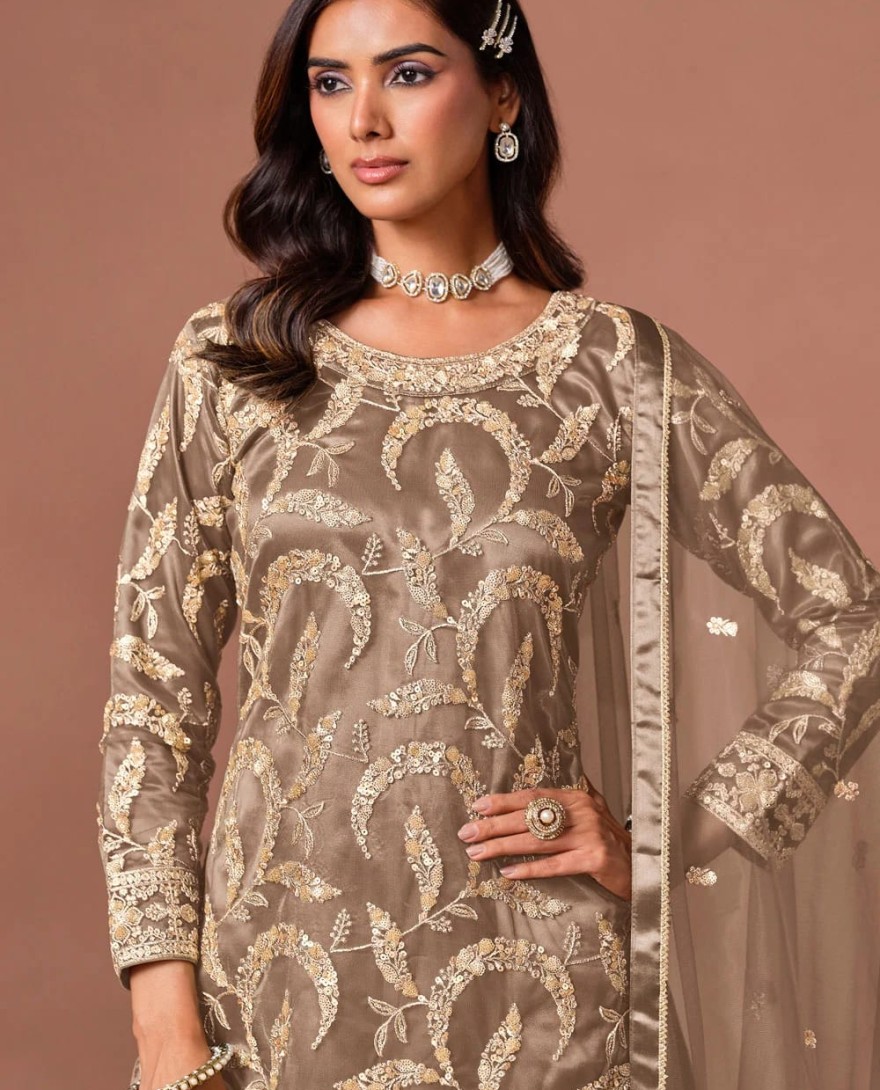 BROWN - Brown Net Palazzo Salwar Suit with Embroidered, Sequins and Zari Work