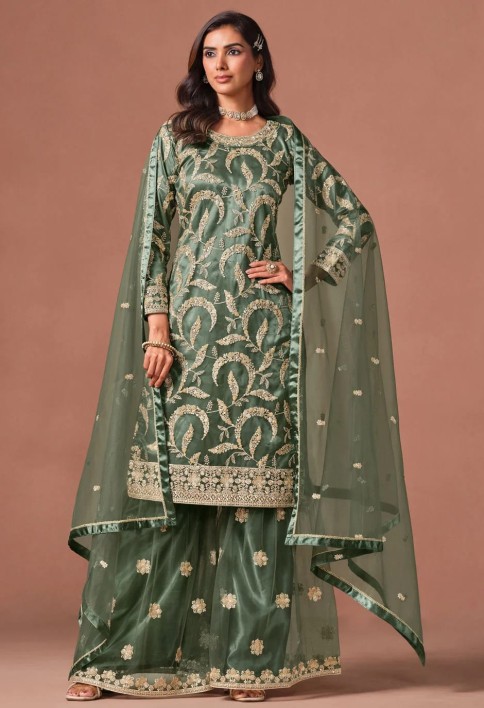 Net Pakistani Salwar Suit In Green Colour