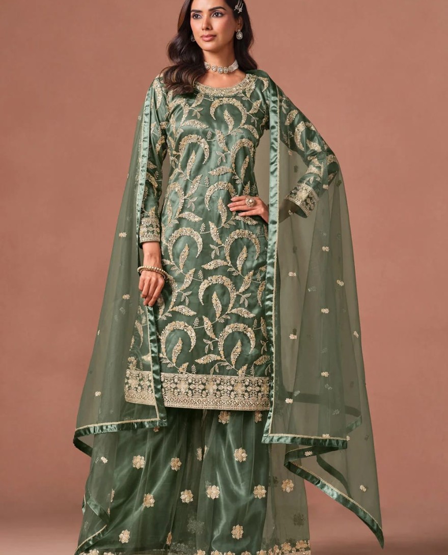 GREEN - Net Pakistani Salwar Suit In Green Colour