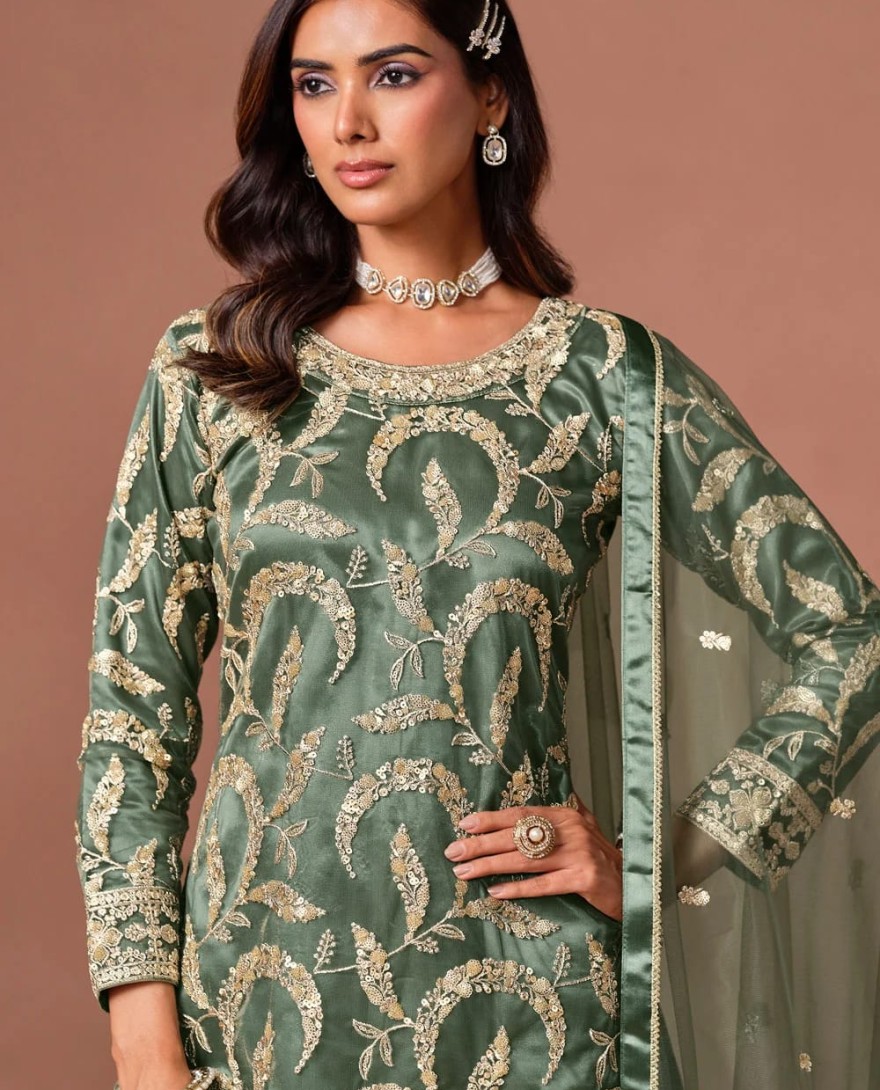 GREEN - Net Pakistani Salwar Suit In Green Colour