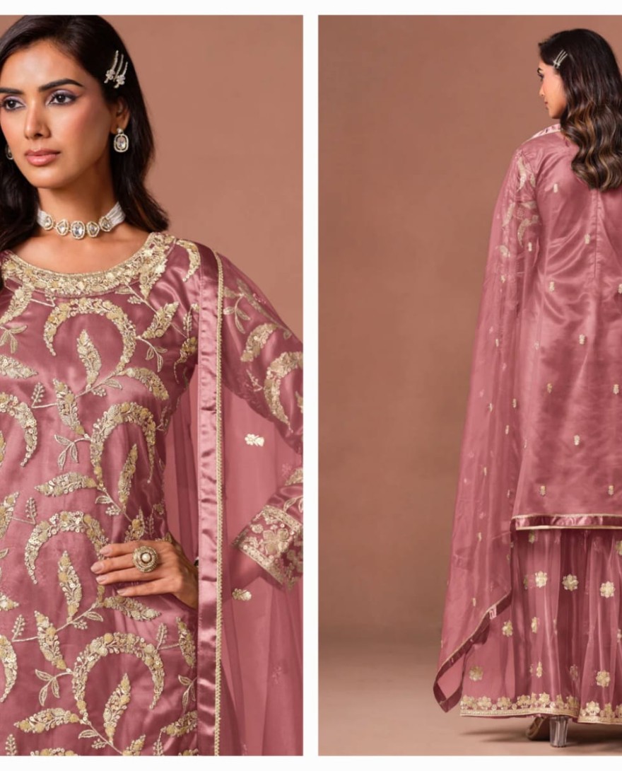 PINK - Embroidered, Sequins and Zari Work Net Palazzo Salwar Suit In Pink for Ceremonial