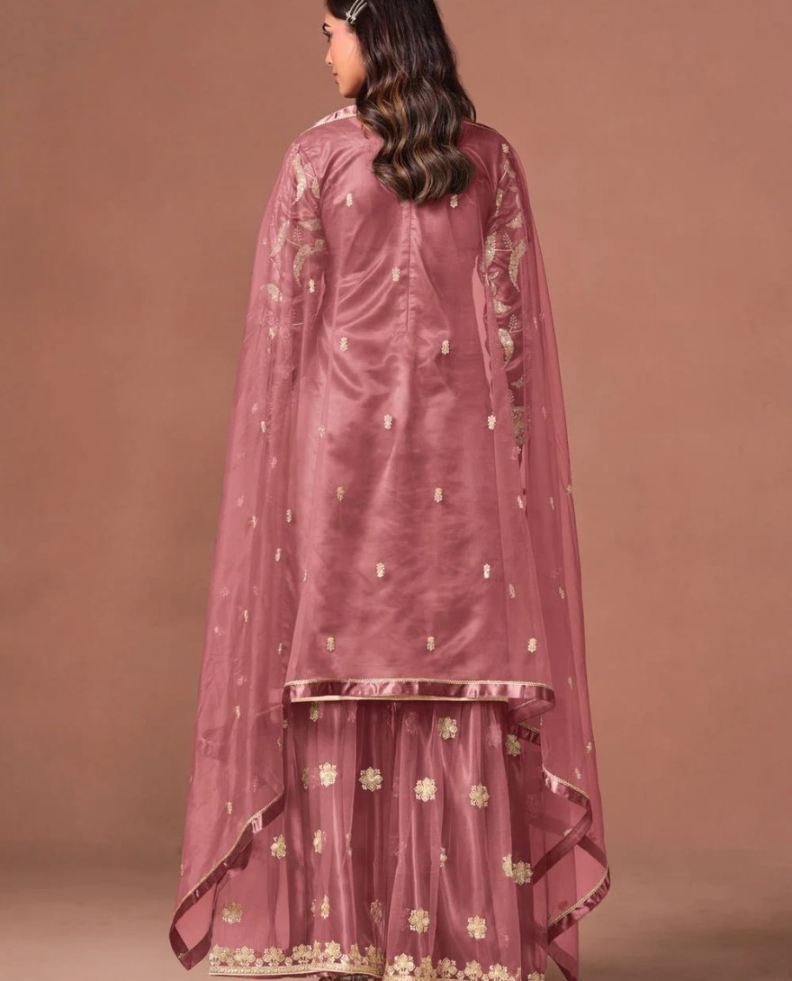 PINK - Embroidered, Sequins and Zari Work Net Palazzo Salwar Suit In Pink for Ceremonial