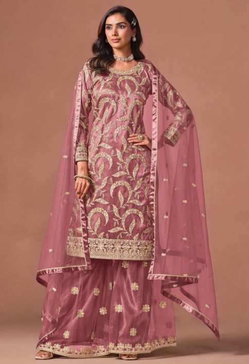 Embroidered, Sequins and Zari Work Net Palazzo Salwar Suit In Pink for Ceremonial