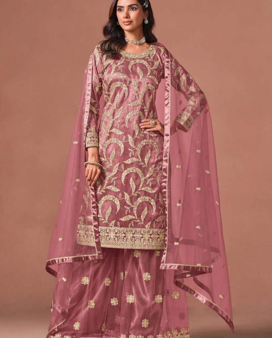 PINK - Embroidered, Sequins and Zari Work Net Palazzo Salwar Suit In Pink for Ceremonial