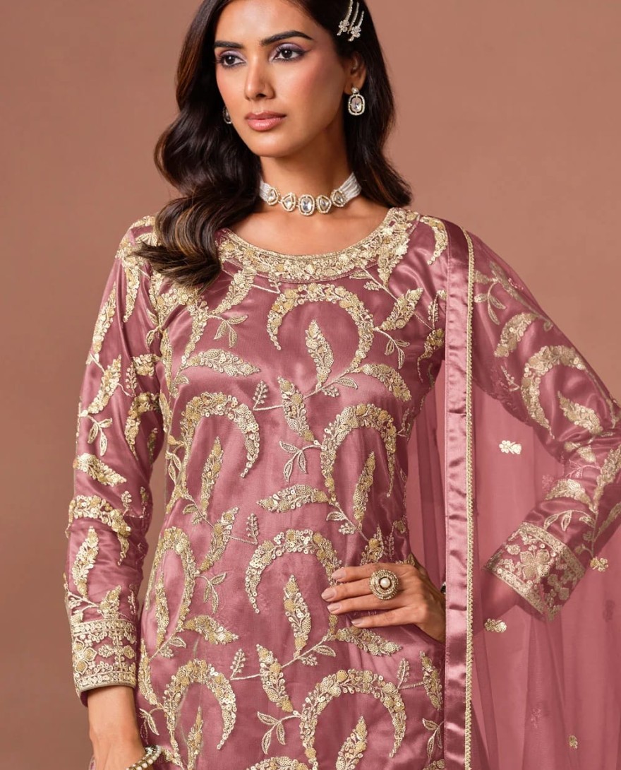 PINK - Embroidered, Sequins and Zari Work Net Palazzo Salwar Suit In Pink for Ceremonial