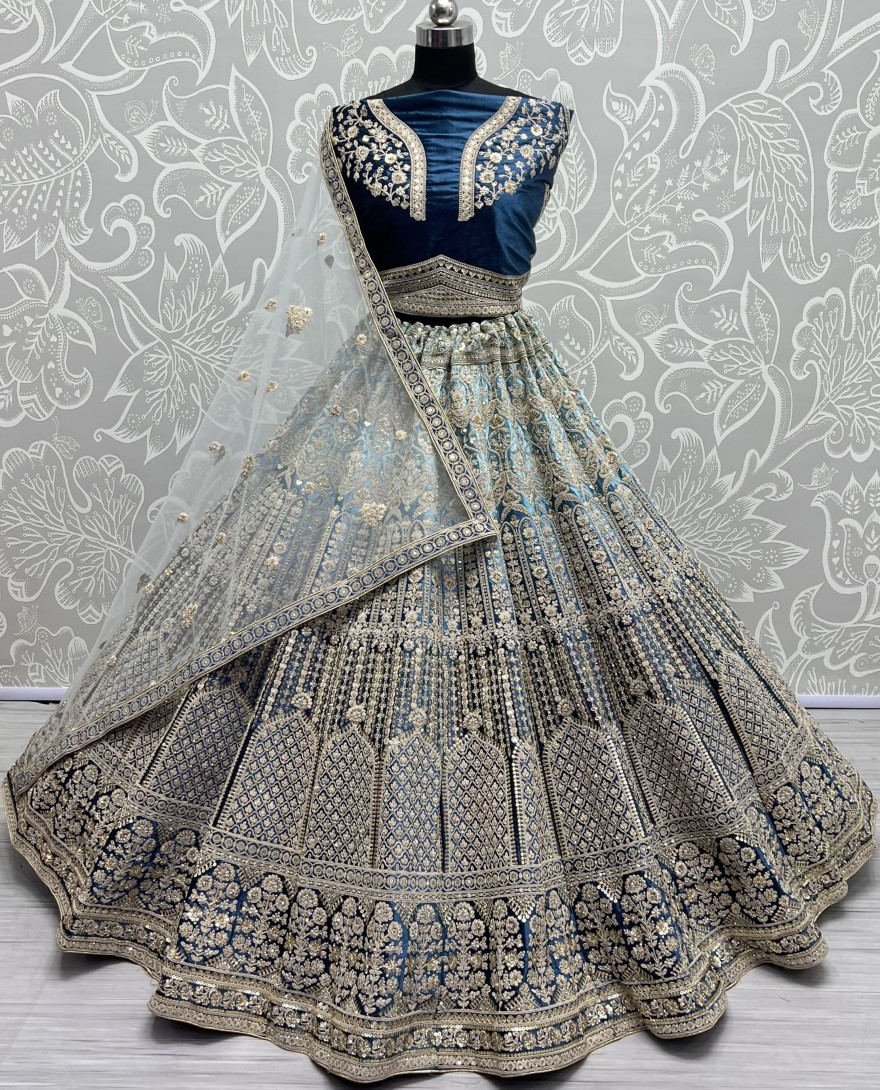 2565-royal blue - Heavy Work Padded Velvet Royal Blue Designer Lehengacholi Perfect for occasional wear