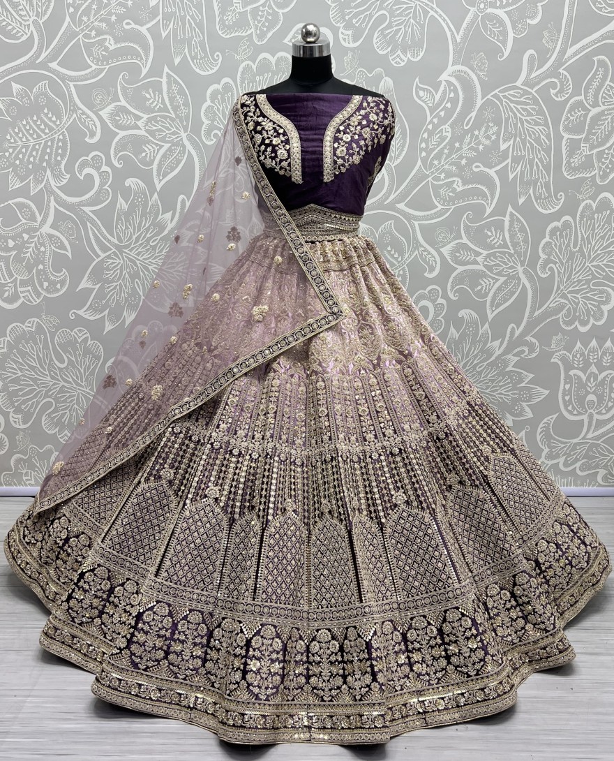 2565-purple - Heavy Work Padded Velvet Purple Designer Lehengacholi Perfect for occasional wear