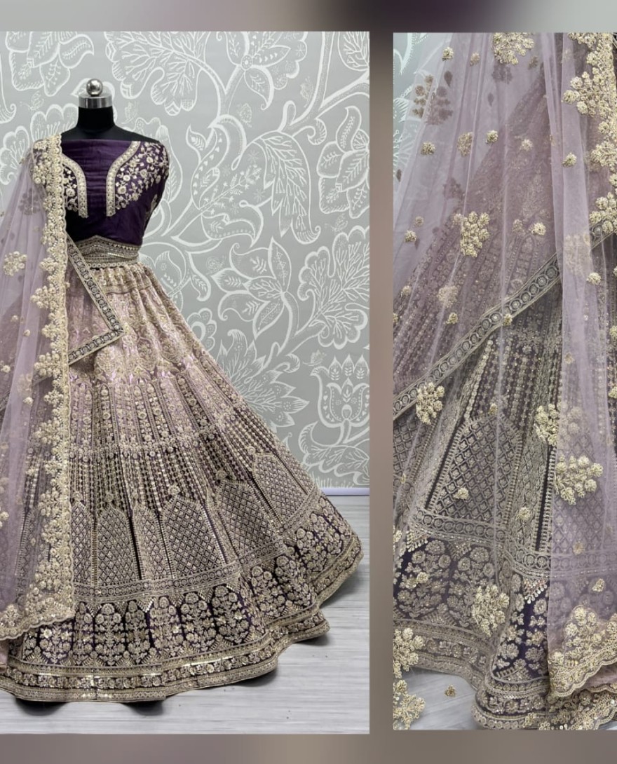 2565-purple - Heavy Work Padded Velvet Purple Designer Lehengacholi Perfect for occasional wear