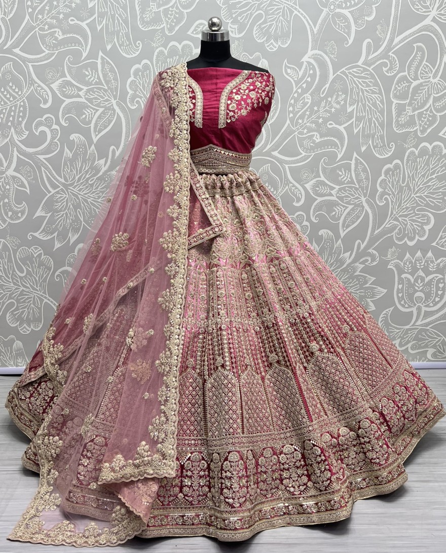 2565-red - Heavy Work Padded Velvet Red Designer Lehengacholi Perfect for occasional wear