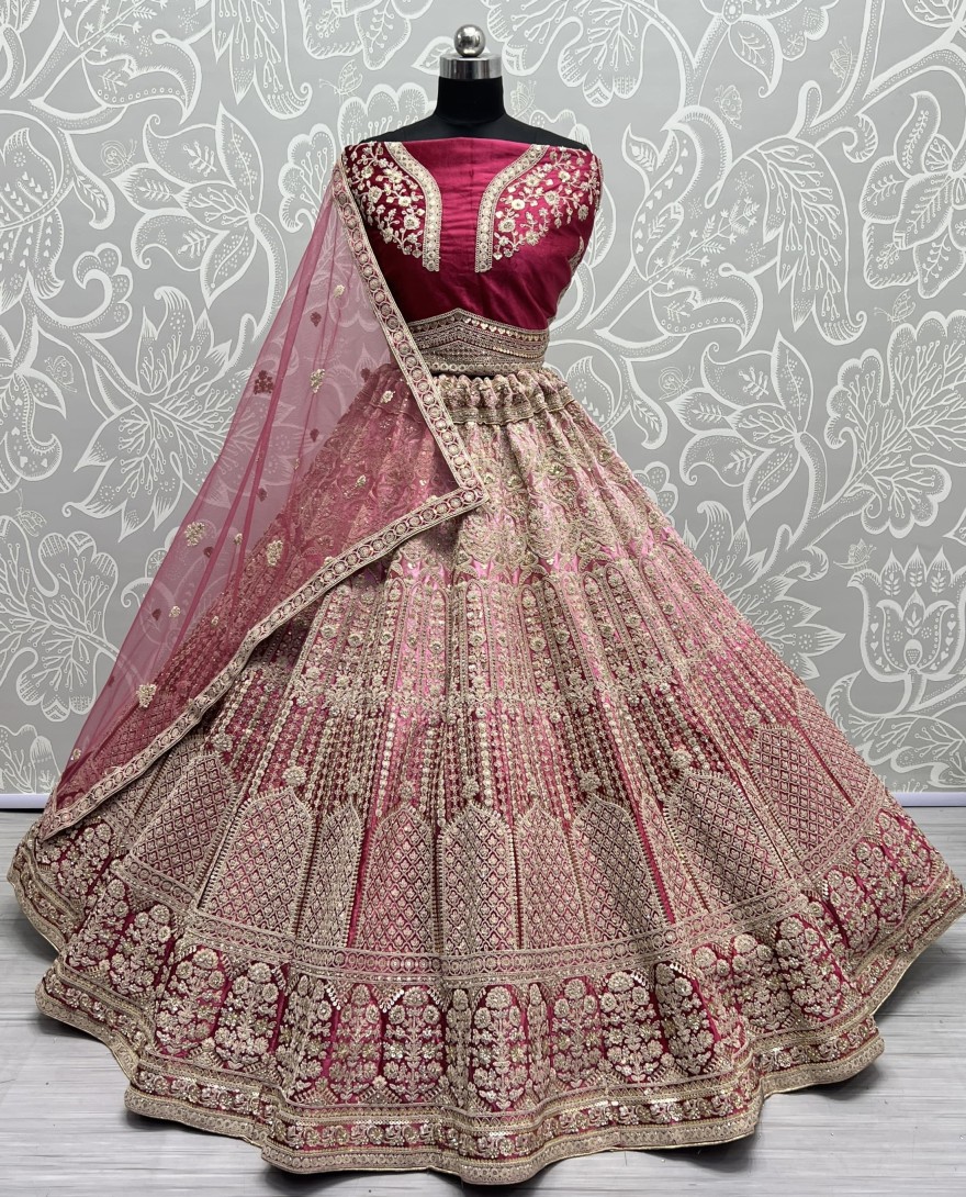 2565-red - Heavy Work Padded Velvet Red Designer Lehengacholi Perfect for occasional wear