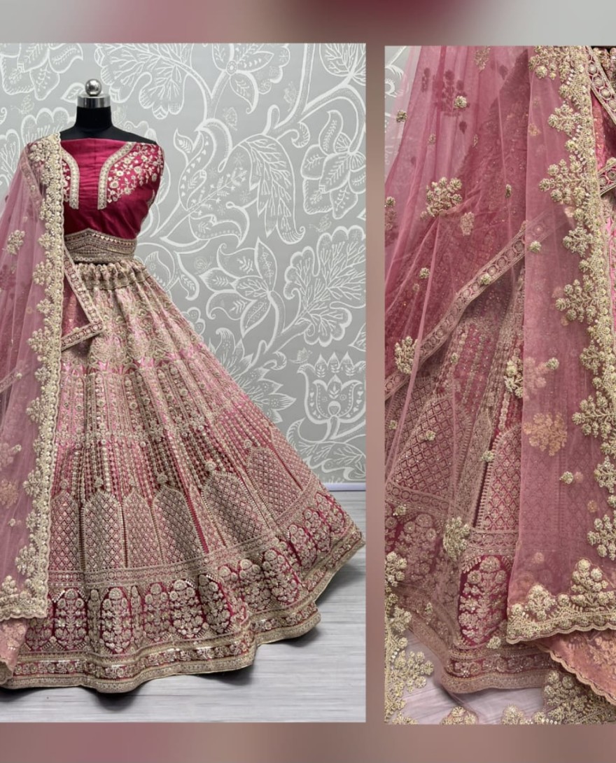 2565-red - Heavy Work Padded Velvet Red Designer Lehengacholi Perfect for occasional wear