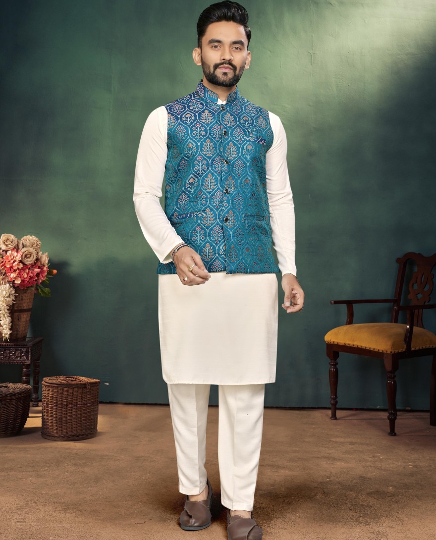 Couple Combo Set - Trending Jacquard Couple Combo Set Mens Kurta Pajama with Silk Koti Womens Saree for Wedding Wear