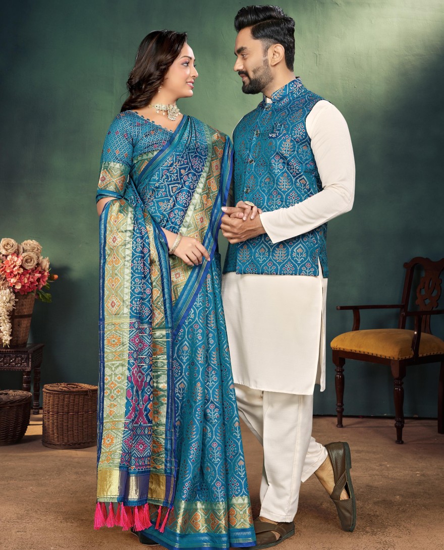Couple Combo Set - Trending Jacquard Couple Combo Set Mens Kurta Pajama with Silk Koti Womens Saree for Wedding Wear