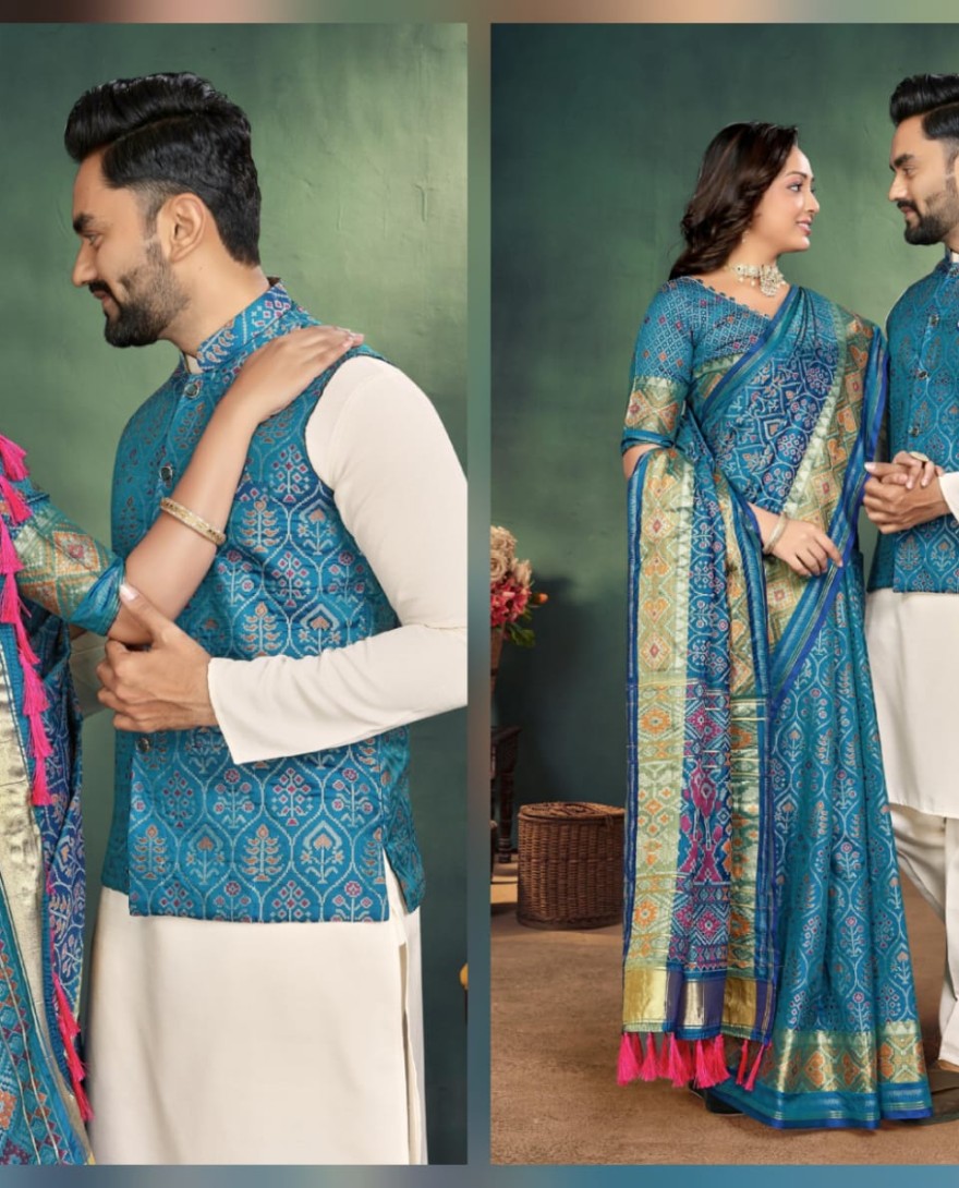 Couple Combo Set - Trending Jacquard Couple Combo Set Mens Kurta Pajama with Silk Koti Womens Saree for Wedding Wear