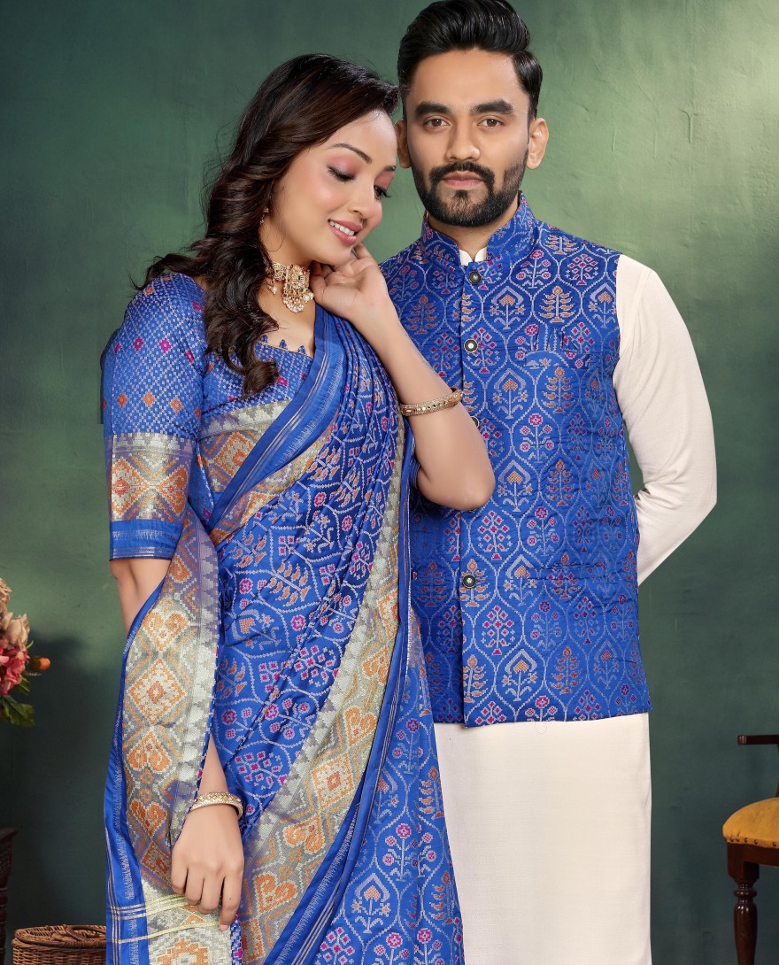 Couple Combo - Elegant Indian Blue Couple Combo Kurta Pajama with Silk Koti for Men & Designer Saree for Women Reseller