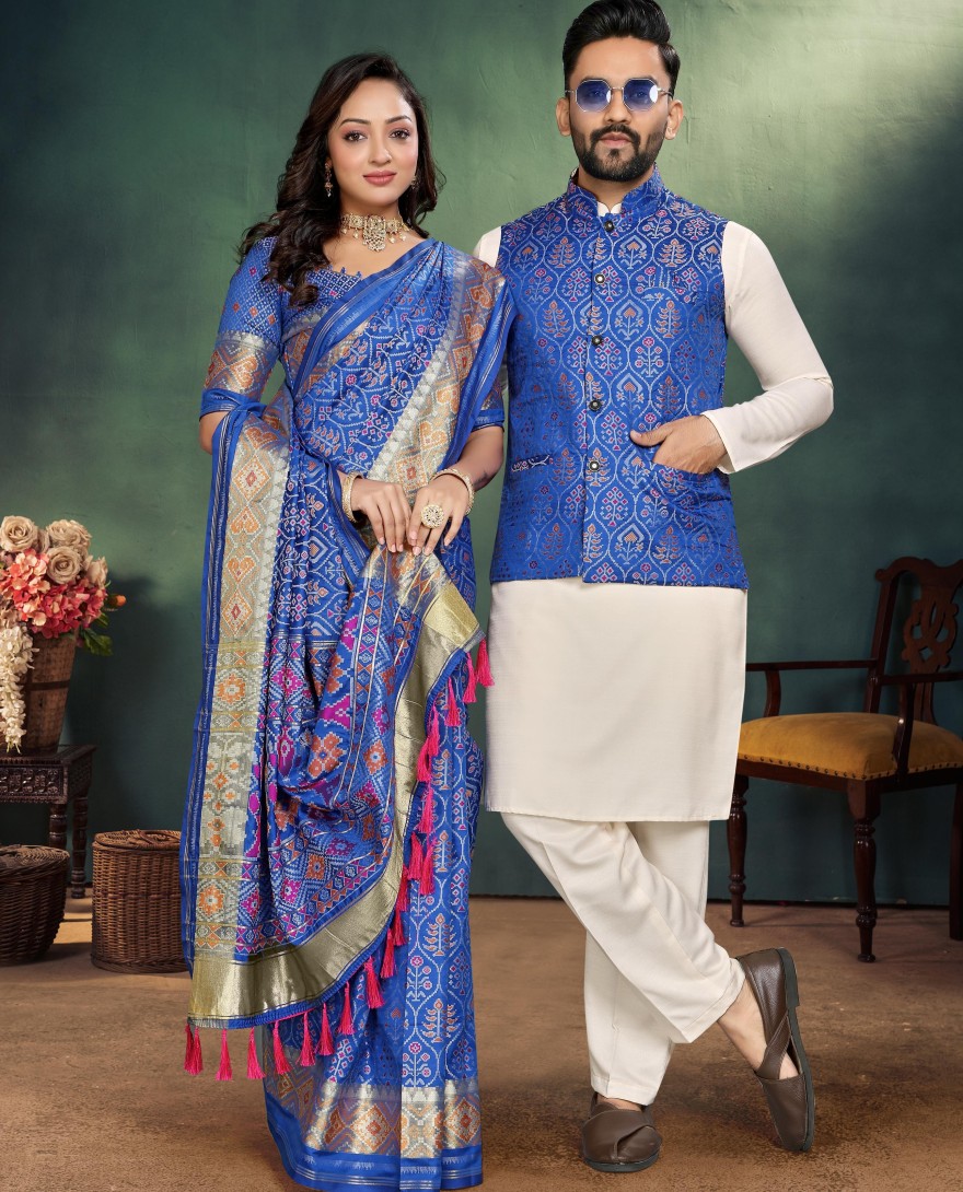 Couple Combo - Elegant Indian Blue Couple Combo Kurta Pajama with Silk Koti for Men & Designer Saree for Women Reseller