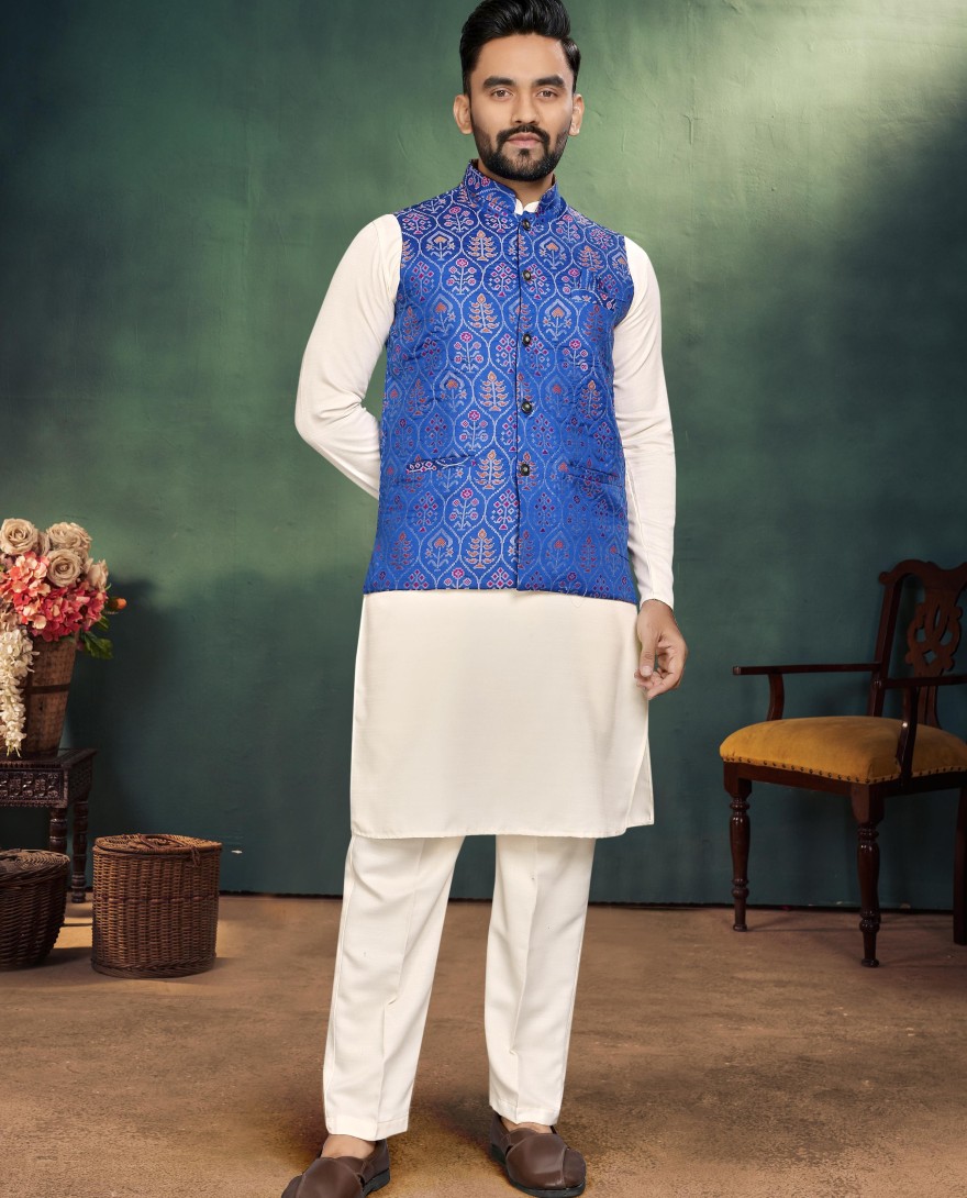 Couple Combo - Elegant Indian Blue Couple Combo Kurta Pajama with Silk Koti for Men & Designer Saree for Women Reseller