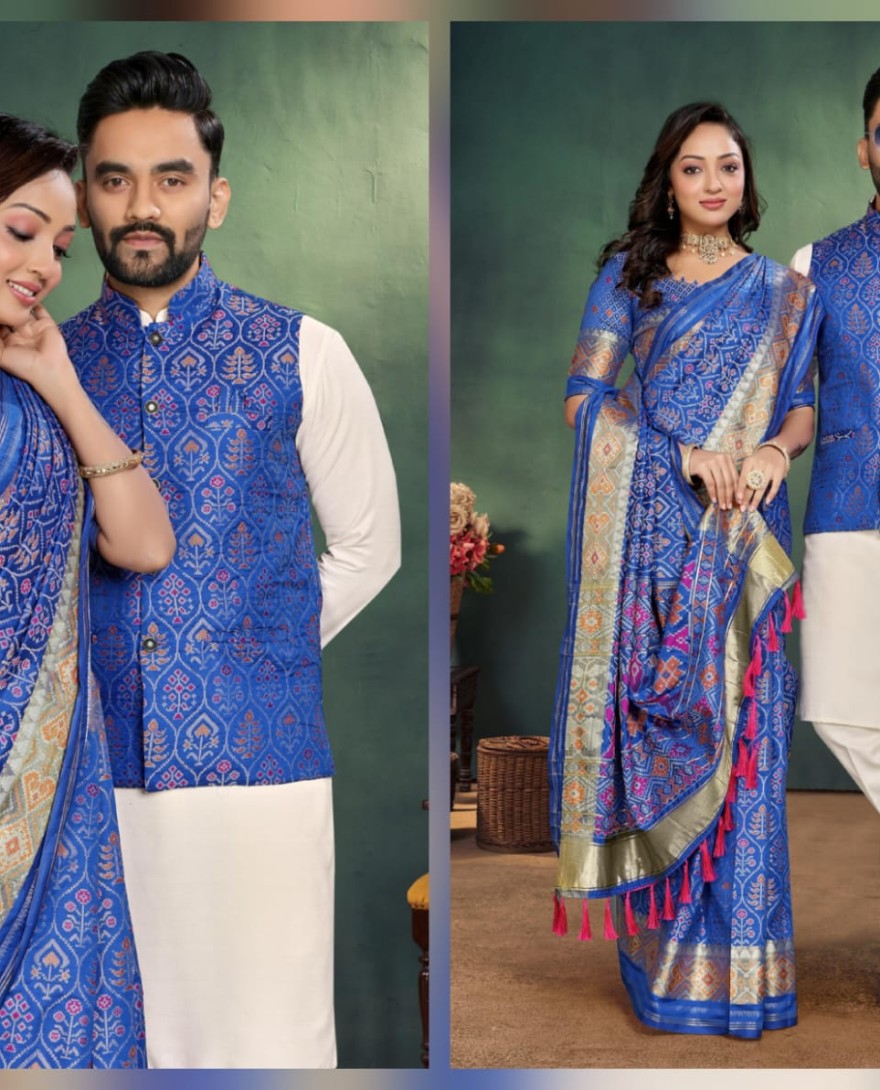 Couple Combo - Elegant Indian Blue Couple Combo Kurta Pajama with Silk Koti for Men & Designer Saree for Women Reseller