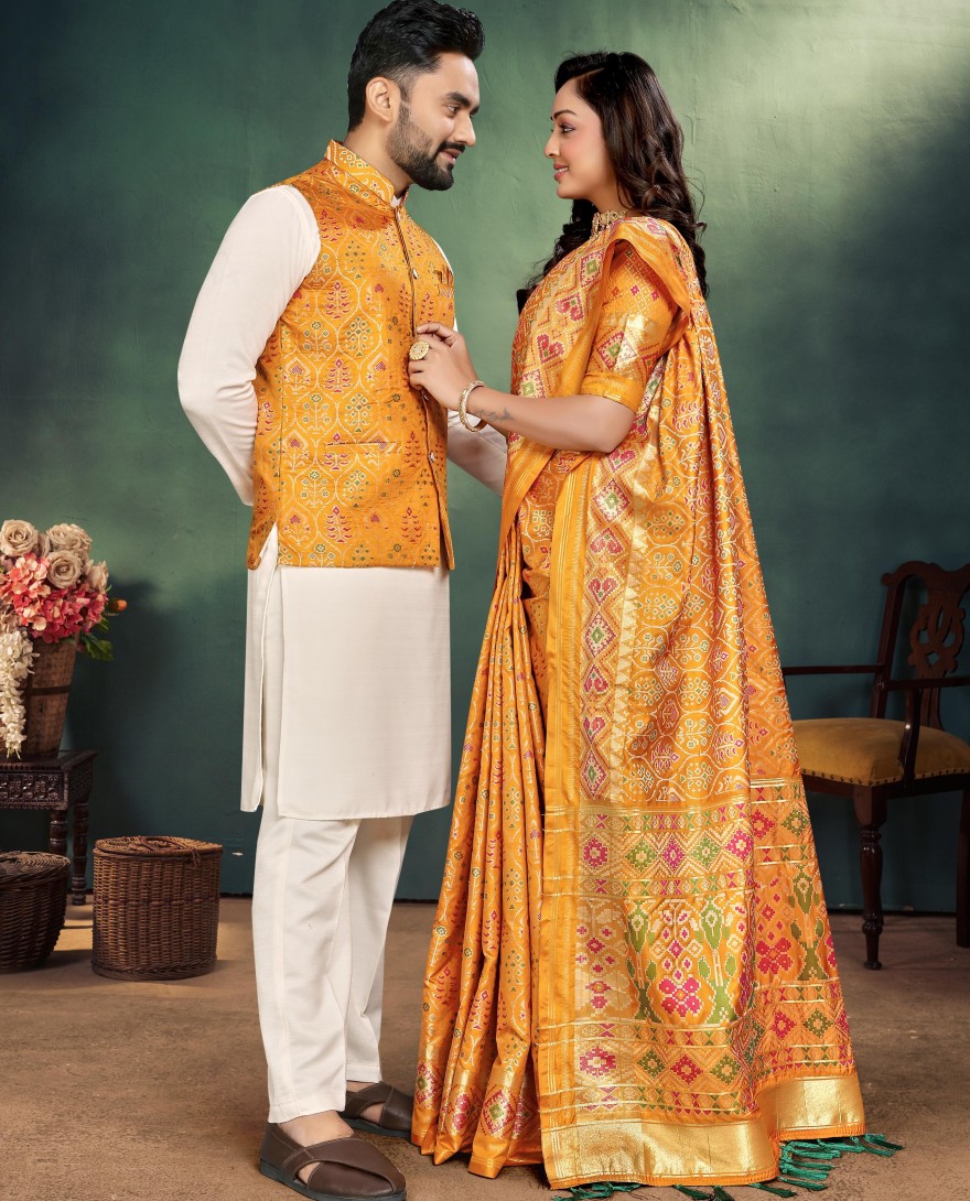 Couple Outfit - Yellow Haldi Couple Outfit Set Traditional Indian Saree with Mens Kurta Pajama Jacquard Silk Jacket Online Shopping