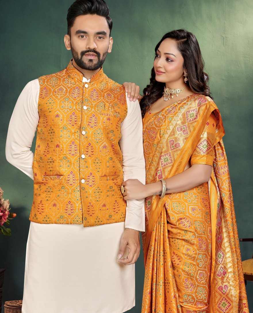 Couple Outfit - Yellow Haldi Couple Outfit Set Traditional Indian Saree with Mens Kurta Pajama Jacquard Silk Jacket Online Shopping