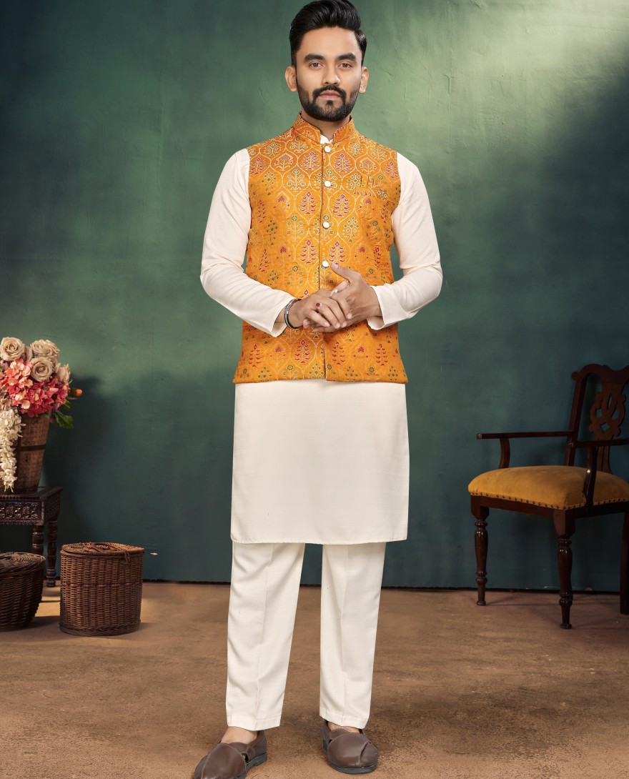 Couple Outfit - Yellow Haldi Couple Outfit Set Traditional Indian Saree with Mens Kurta Pajama Jacquard Silk Jacket Online Shopping