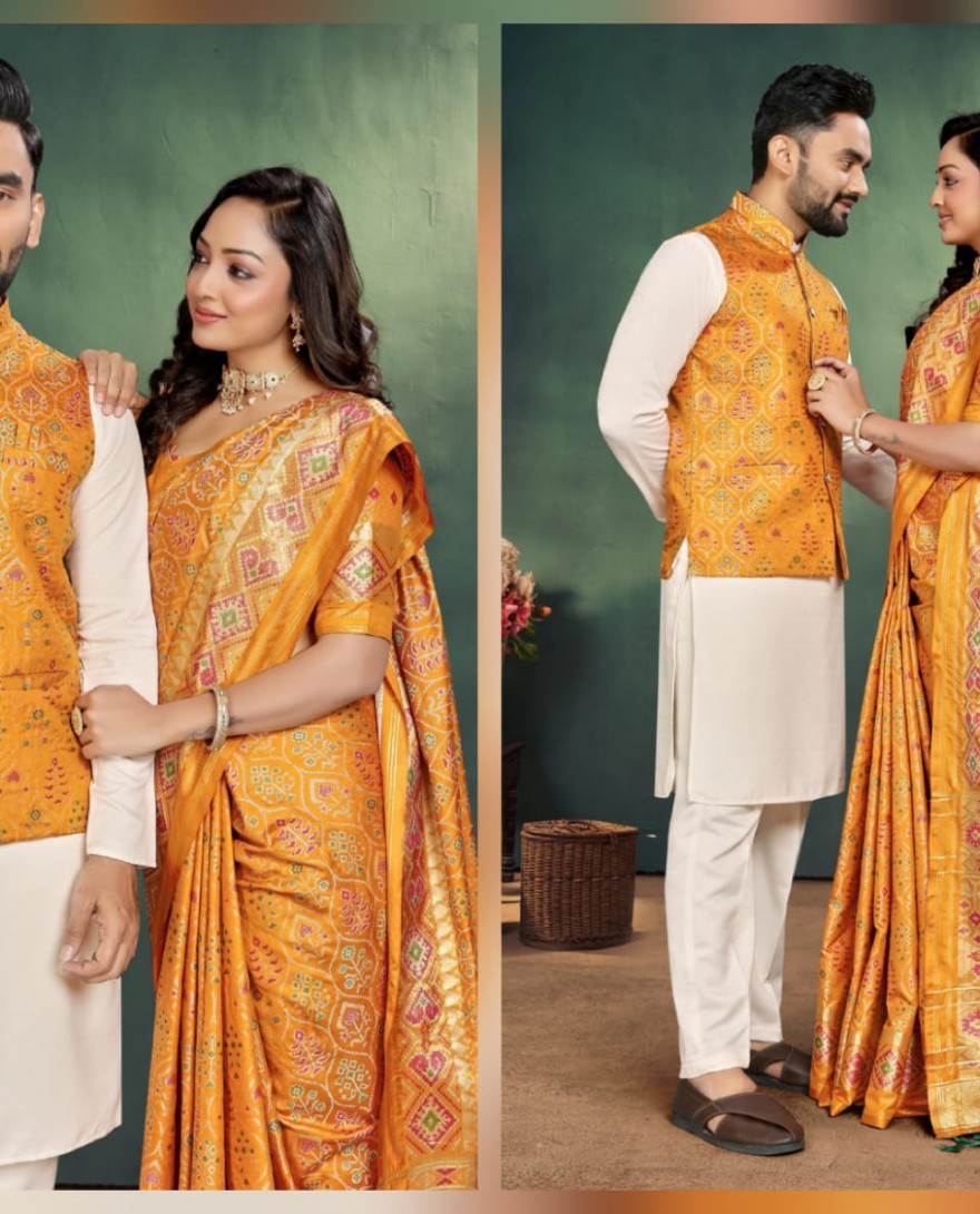 Couple Outfit - Yellow Haldi Couple Outfit Set Traditional Indian Saree with Mens Kurta Pajama Jacquard Silk Jacket Online Shopping