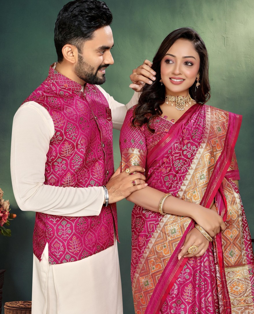 Couple Combo  - Wedding Special Pink Couple Combo Set Kurta Pajama with Koti for Him Jacquard Silk Saree for Her Textile Wholesaler