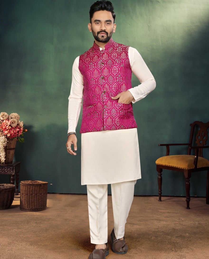 Couple Combo  - Wedding Special Pink Couple Combo Set Kurta Pajama with Koti for Him Jacquard Silk Saree for Her Textile Wholesaler