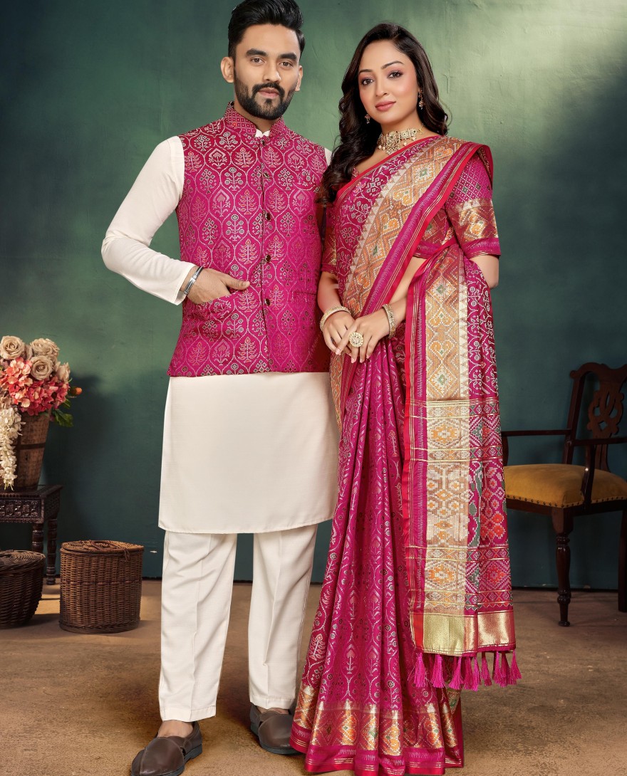 Couple Combo  - Wedding Special Pink Couple Combo Set Kurta Pajama with Koti for Him Jacquard Silk Saree for Her Textile Wholesaler