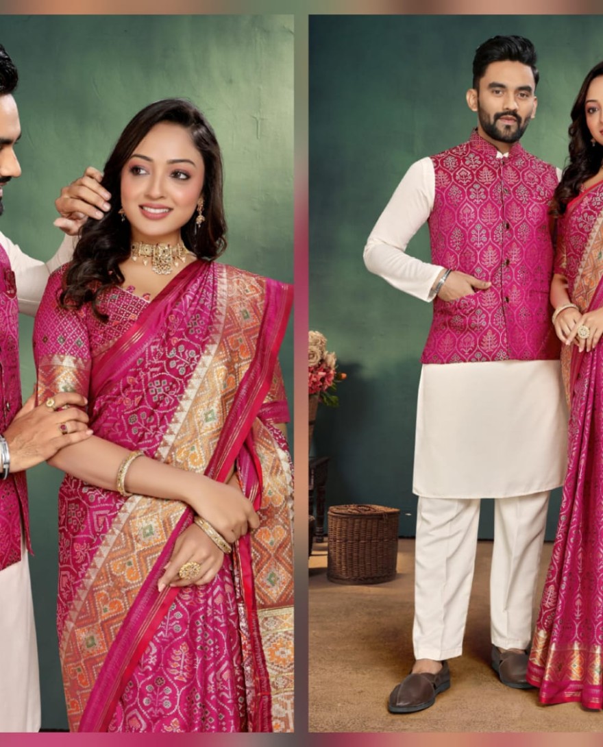 Couple Combo  - Wedding Special Pink Couple Combo Set Kurta Pajama with Koti for Him Jacquard Silk Saree for Her Textile Wholesaler