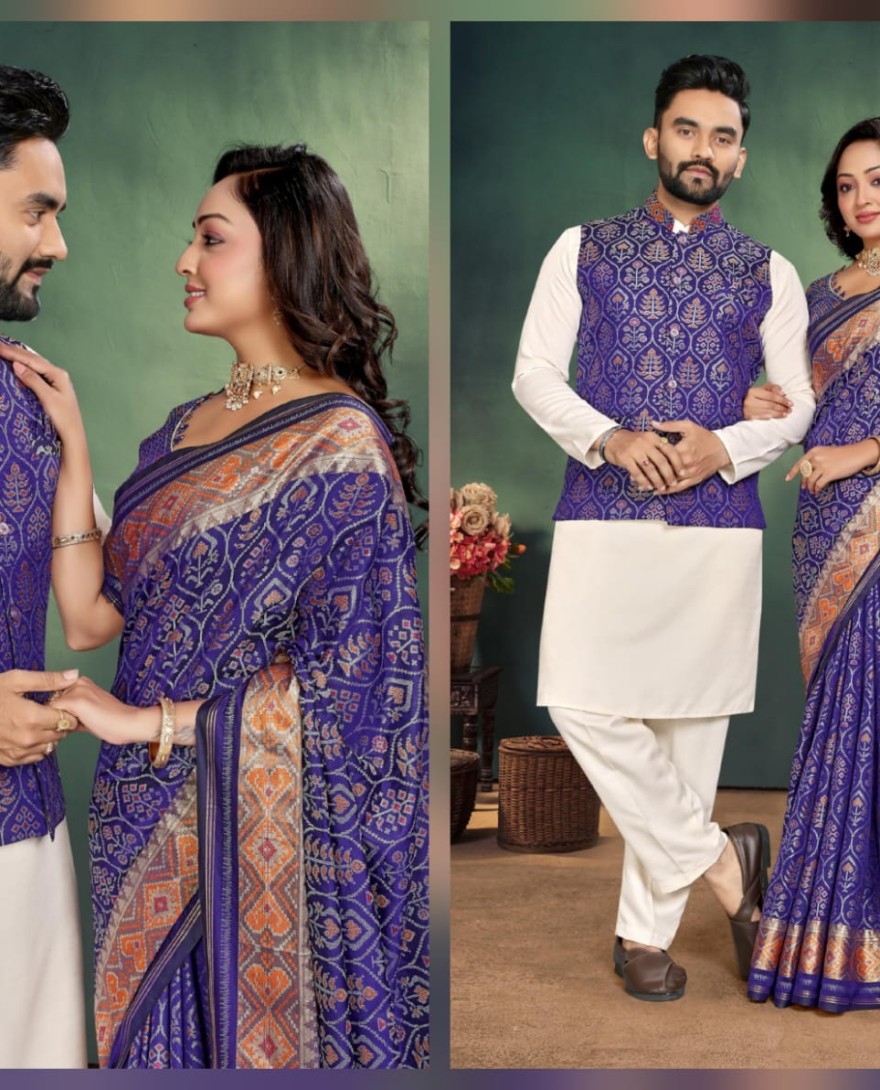  Couple Combo - Men and Women Couple Combo of Saree Kurta and Jacket in Blue Weaving Work
