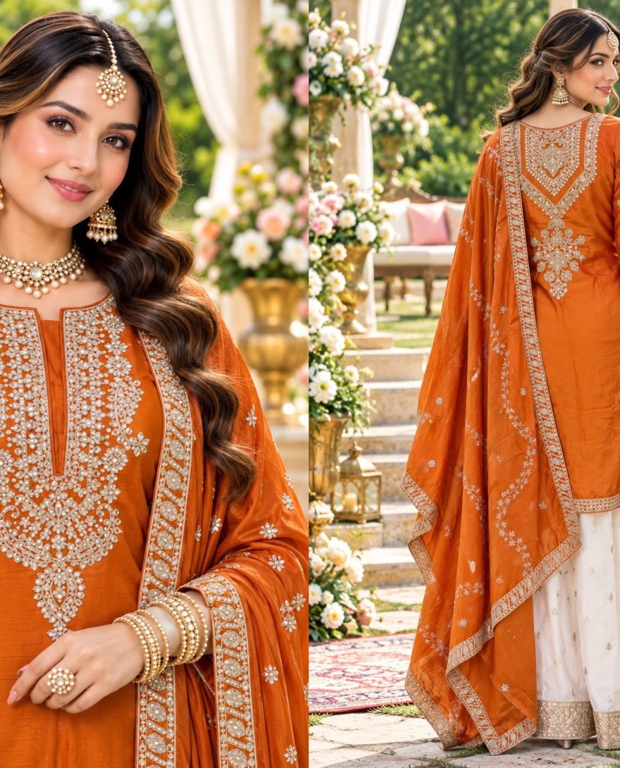 2205 - Orange Chinon Readymade Salwar Suit with Embroidered Work