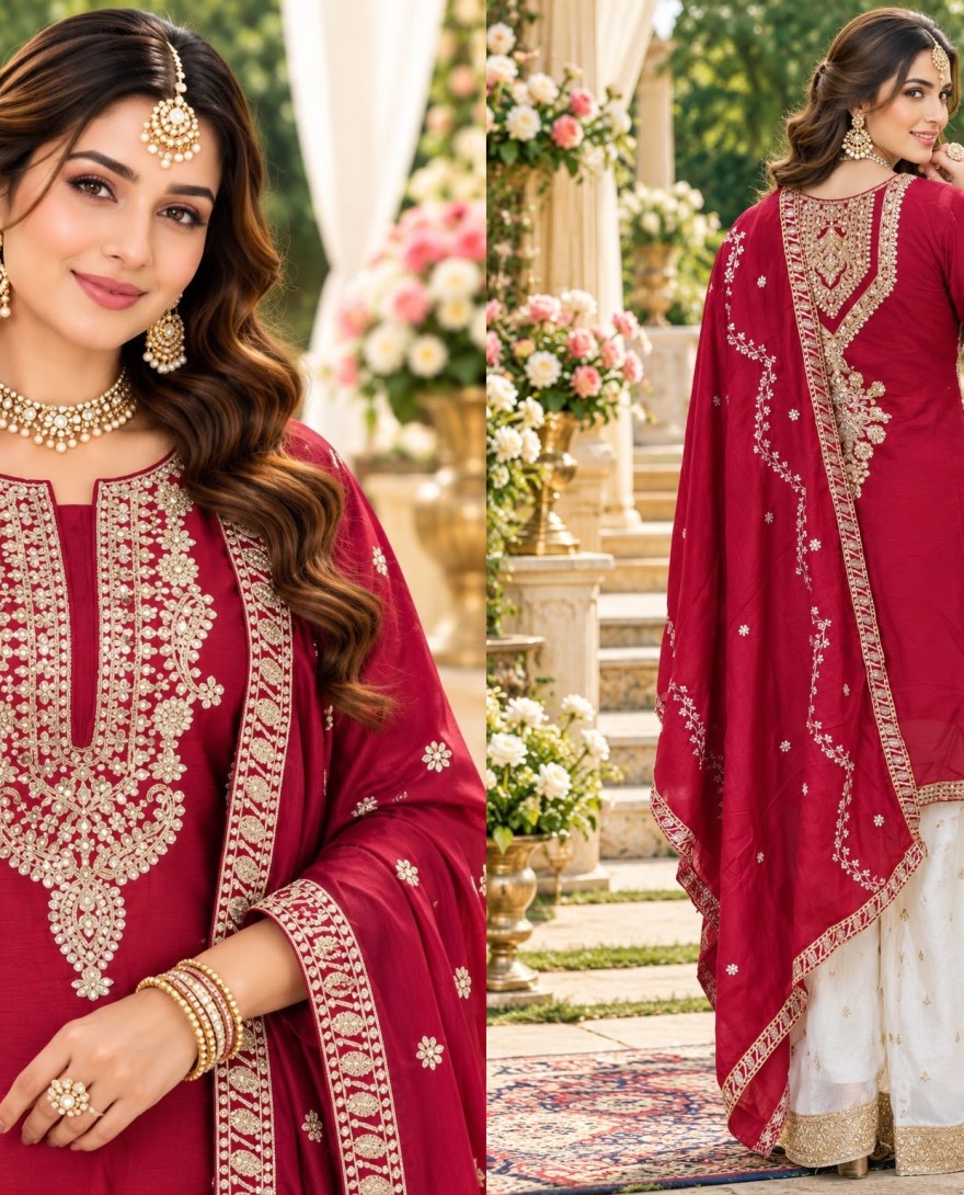 2206 - Maroon Chinon Embroidered Work Ceremonial Palazzo Salwar Suit