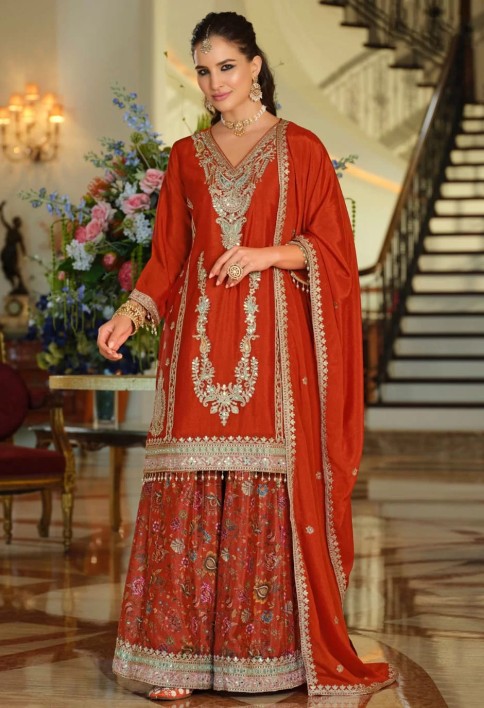 Orange Chinon Salwar Suit