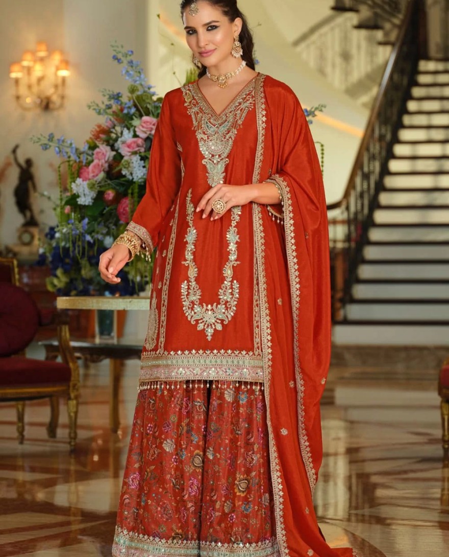 ORANGE - Orange Chinon Salwar Suit