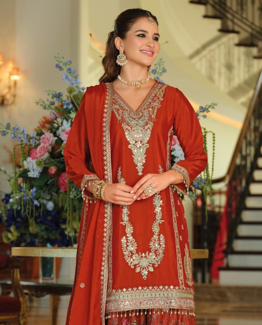 ORANGE - Orange Chinon Salwar Suit