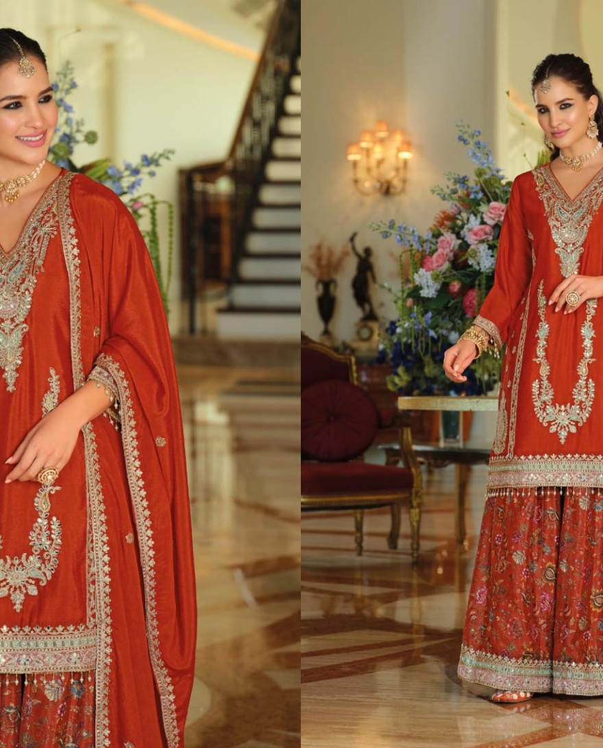 ORANGE - Orange Chinon Salwar Suit