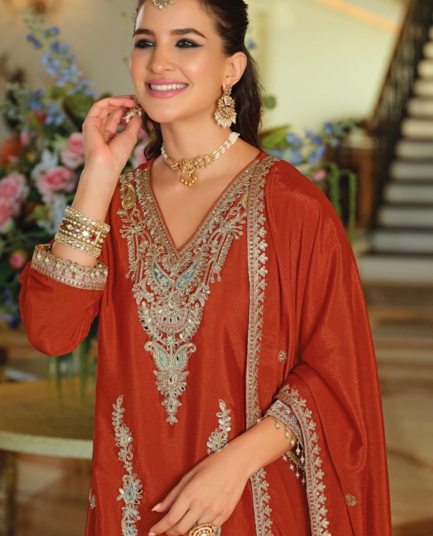 ORANGE - Orange Chinon Salwar Suit