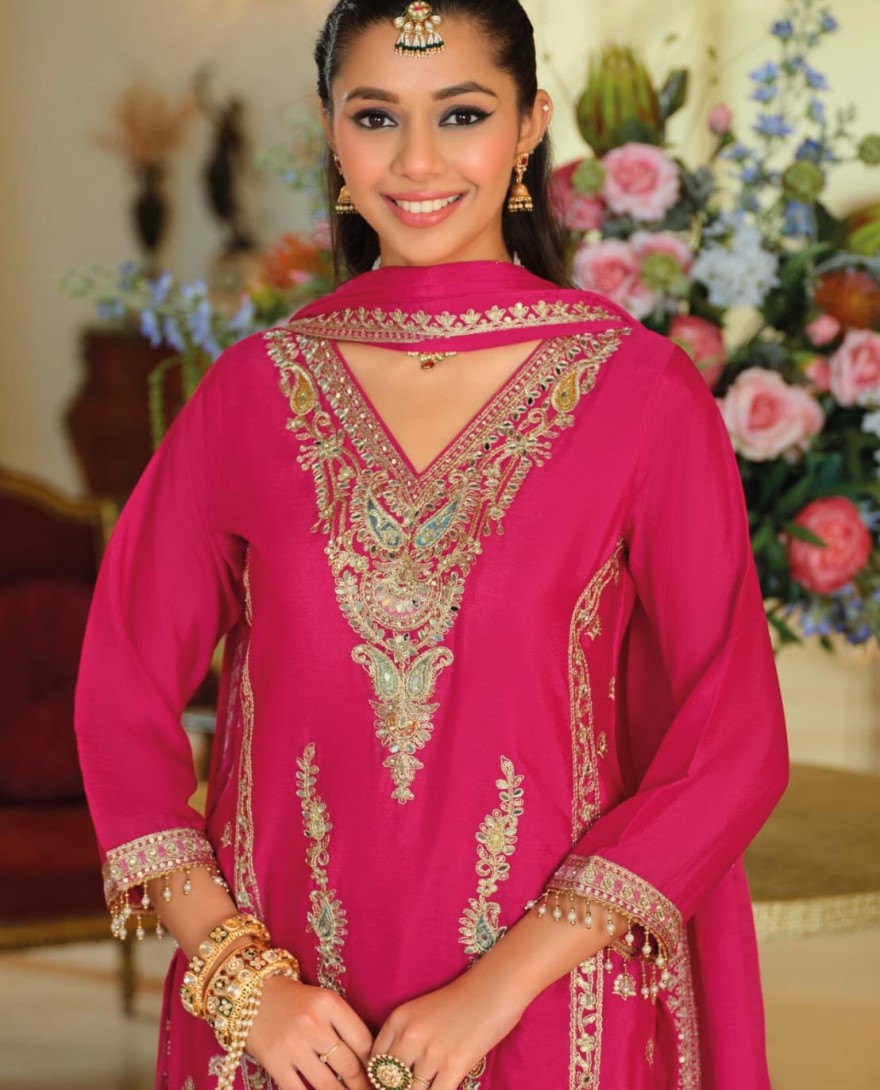 PINK - Chinon Readymade Salwar Suit In Pink Colour