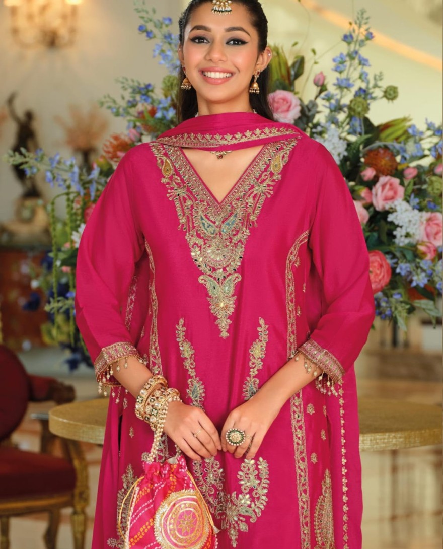 PINK - Chinon Readymade Salwar Suit In Pink Colour