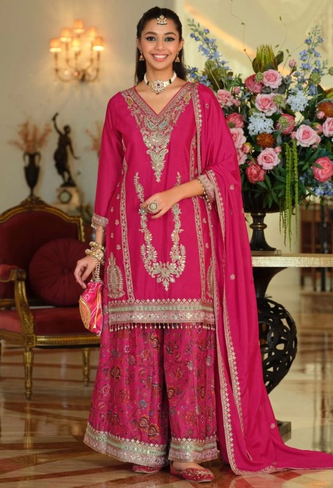 Chinon Readymade Salwar Suit In Pink Colour