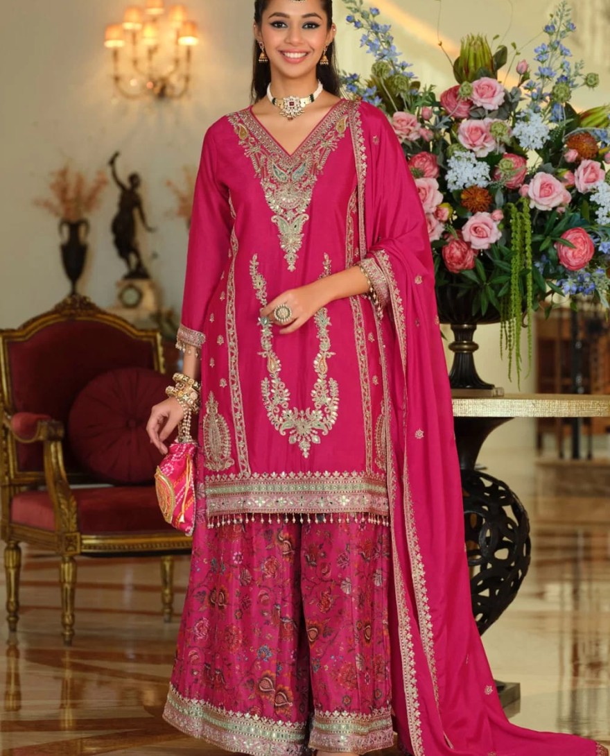 PINK - Chinon Readymade Salwar Suit In Pink Colour