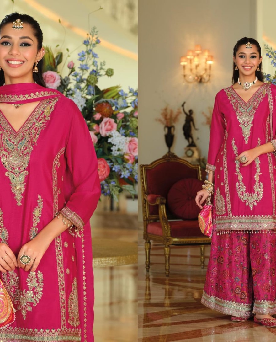 PINK - Chinon Readymade Salwar Suit In Pink Colour