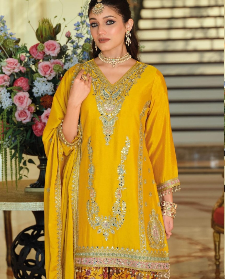 YELLOW - Chinon Palazzo Salwar Suit In Yellow Colour