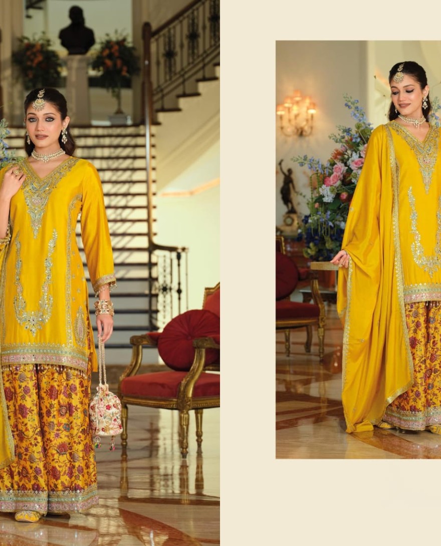 YELLOW - Chinon Palazzo Salwar Suit In Yellow Colour