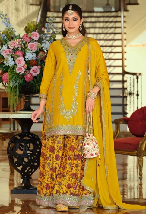Chinon Palazzo Salwar Suit In Yellow Colour