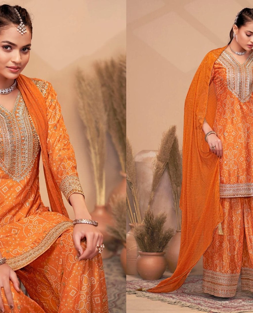 2151 - PREMIUM EMBROIDERED ORANGE TRENDY PALAZZO STYLE SUIT