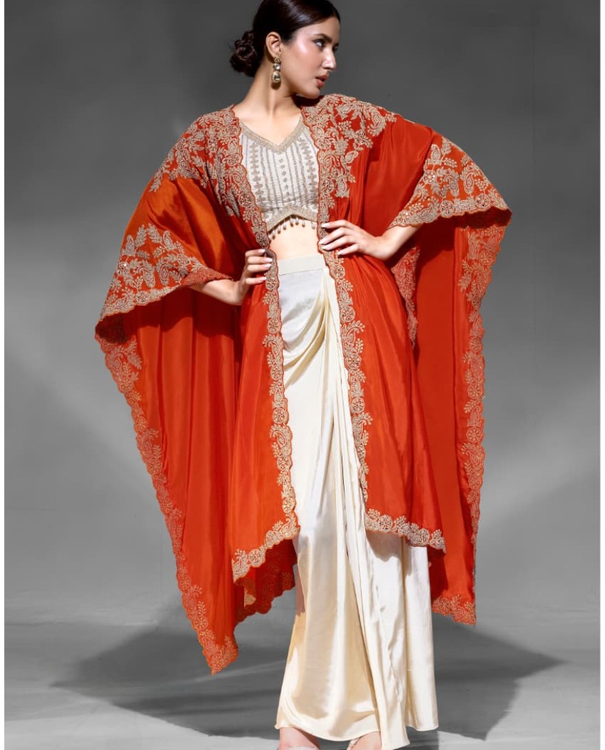 ORANGE - Heavy Orange embroidered blouse with jhumka lace 