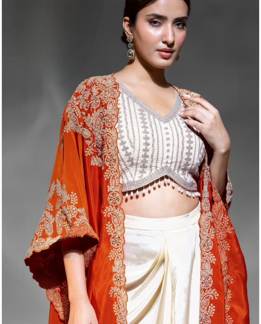 ORANGE - Heavy Orange embroidered blouse with jhumka lace 